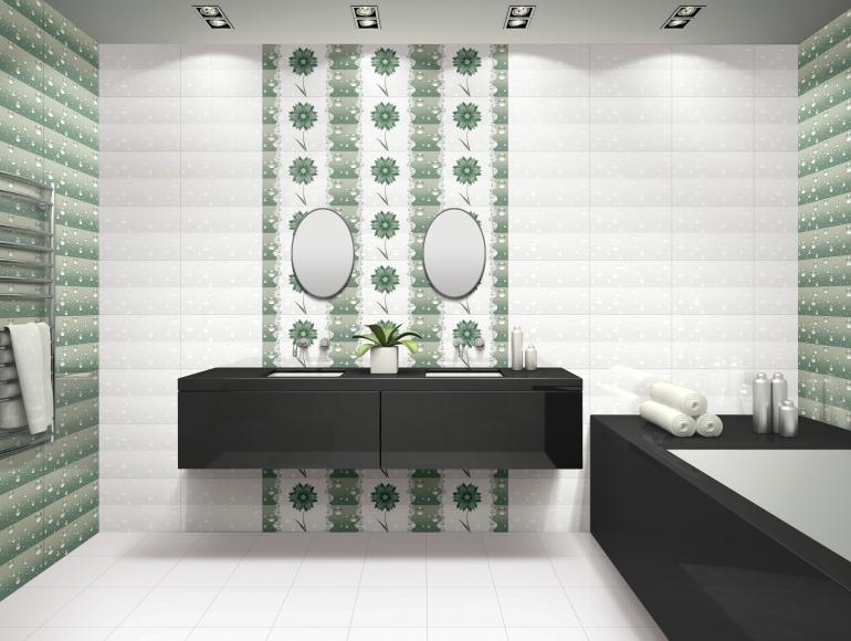 Elegant green bathroom design with floral accent wall, modern black vanity, double mirrors, and sleek bathtub.